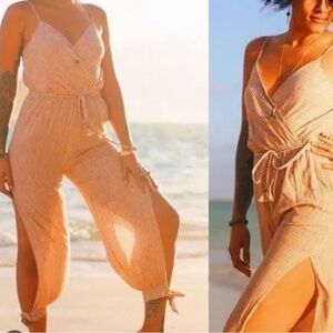 Dress Forum Tropical Leaf Print Peach Open Leg Tie Ankle Jumpsuit Size M